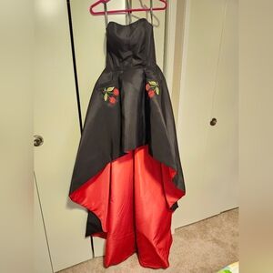 SHERRI HILL Black and Red Strapless High-Low Dress with Cherry Embroidery